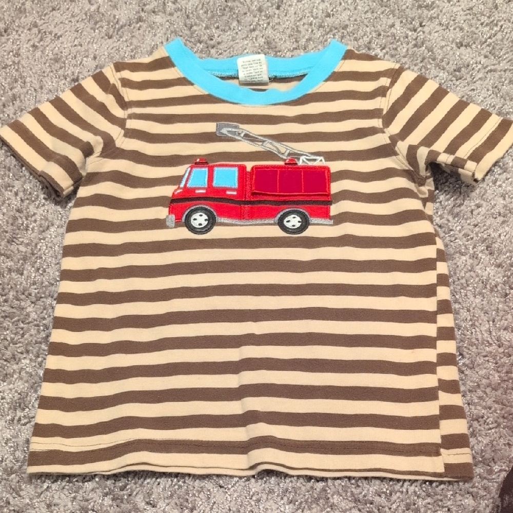 Brown Striped Kids Shirt with Fire Truck Design